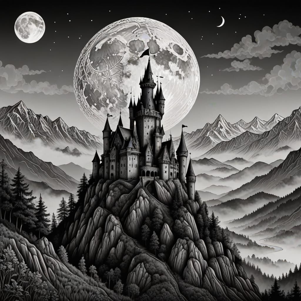 Haunted Castle in Mystical Zentangle Artwork