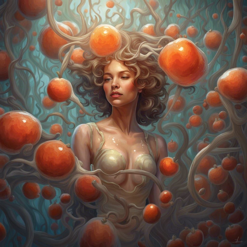 Dreaming Woman in Strawberry Forest: Fine Art