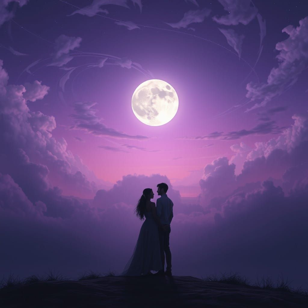 Mystical Moonlit Duo in a Dreamy, Plum-Purple Sky