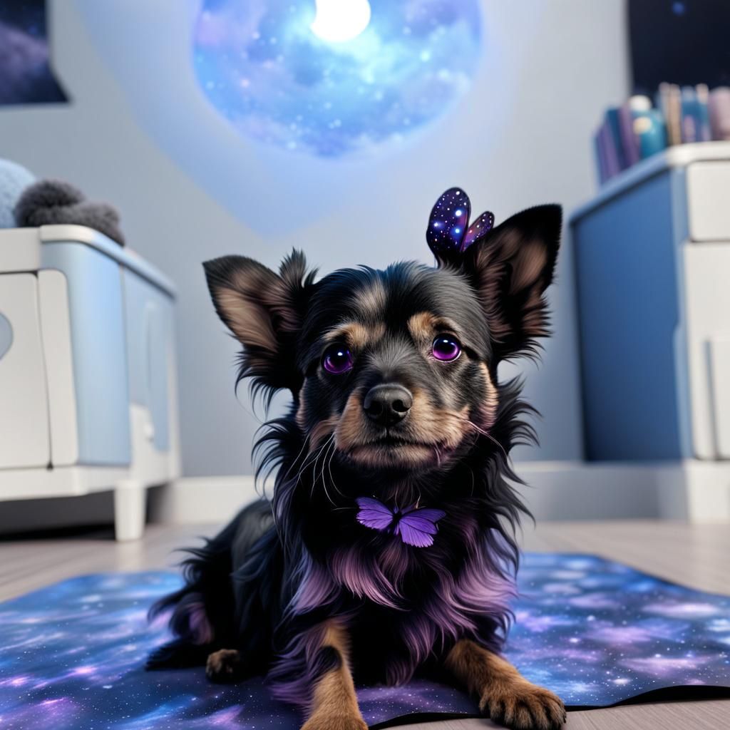 Fluffy Black Dog on the Moon in Matte Painting