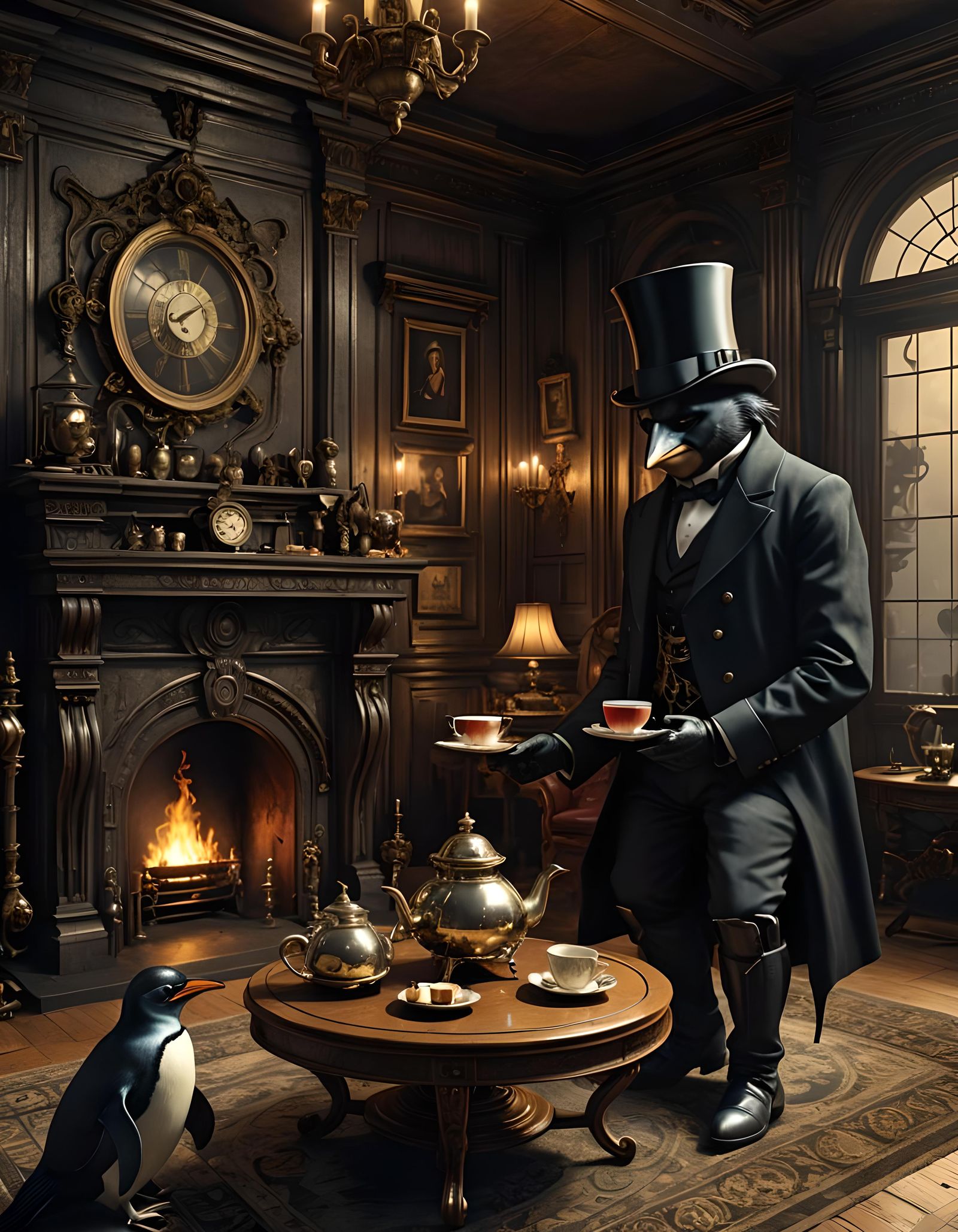 Steampunk Penguin Butler Serves Gothic Batman
