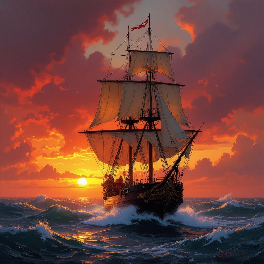 Tall Ship on Stormy Seas at Sunset