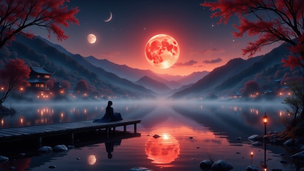 Eerie Moon Over Tranquil Asian Landscape