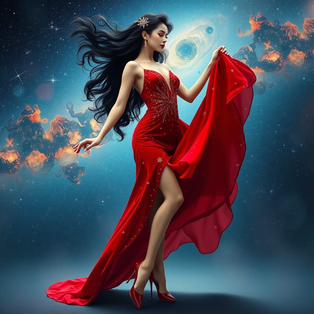Celestial Goddess in Scarlet Evening Gown, against a Vibrant...