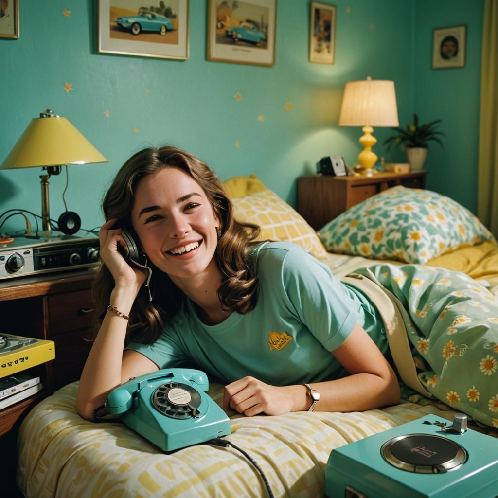 Teenage Girl in 1970s Bedroom, Retro Cassette Futurism