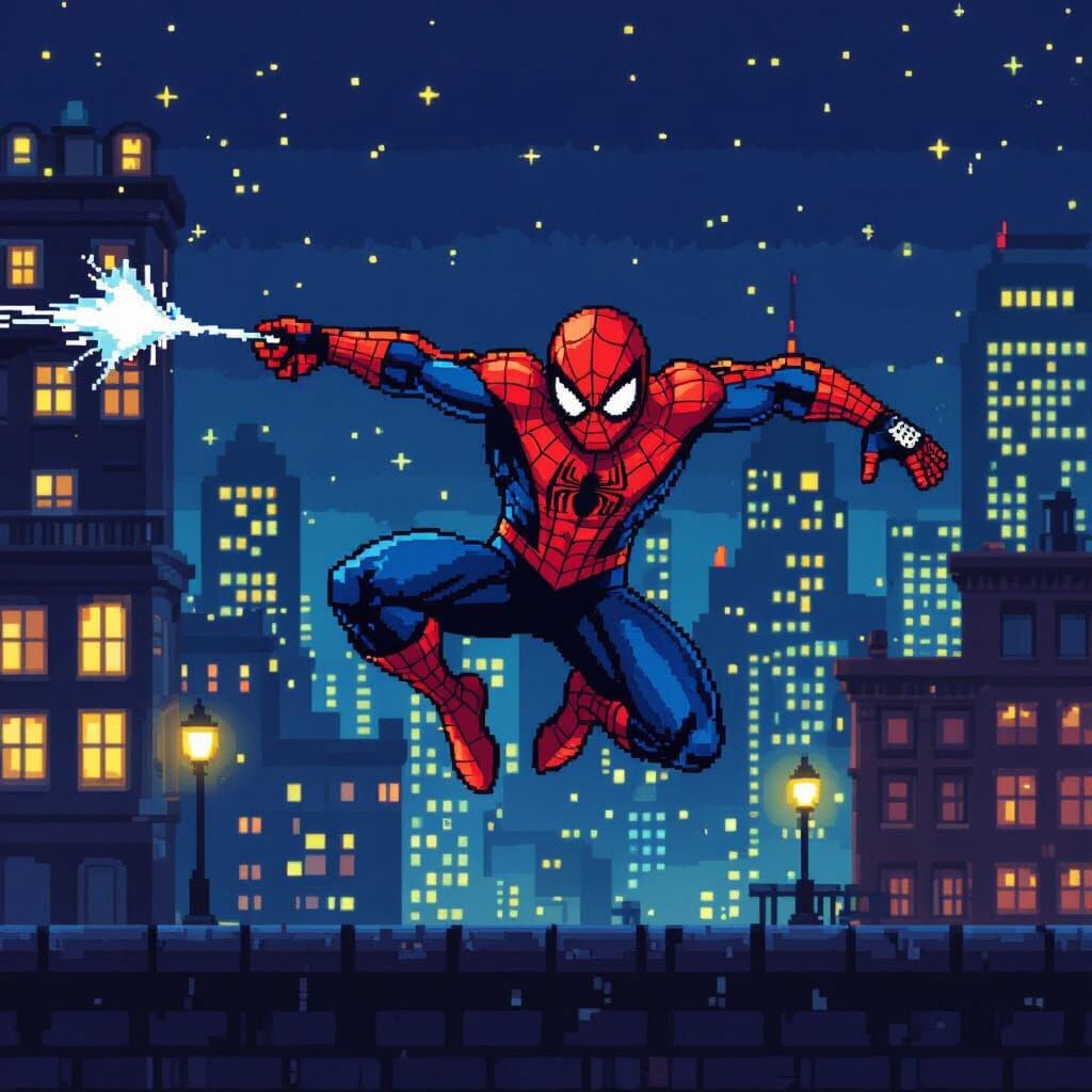 Pixel Art Spider-Man Leaping in Cityscape