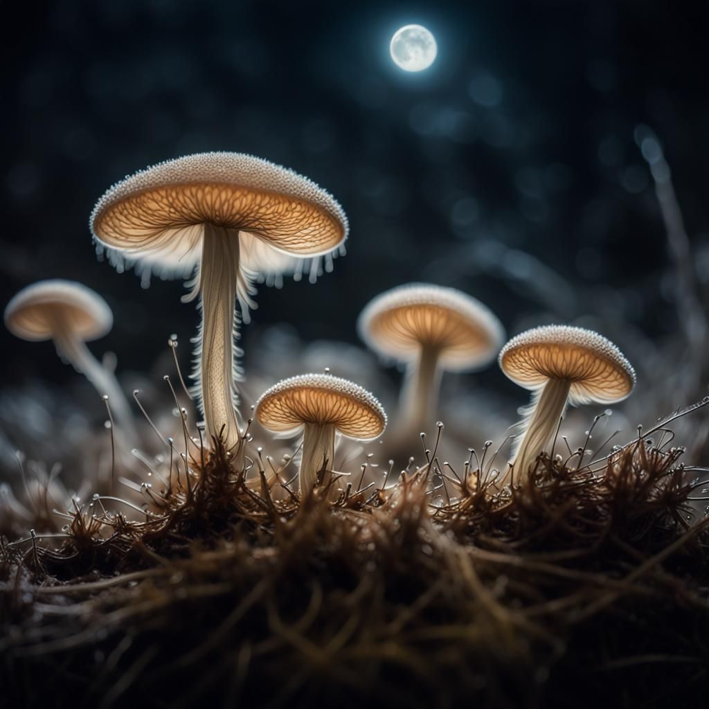 Ethereal Spores Floating in Moonlit Air