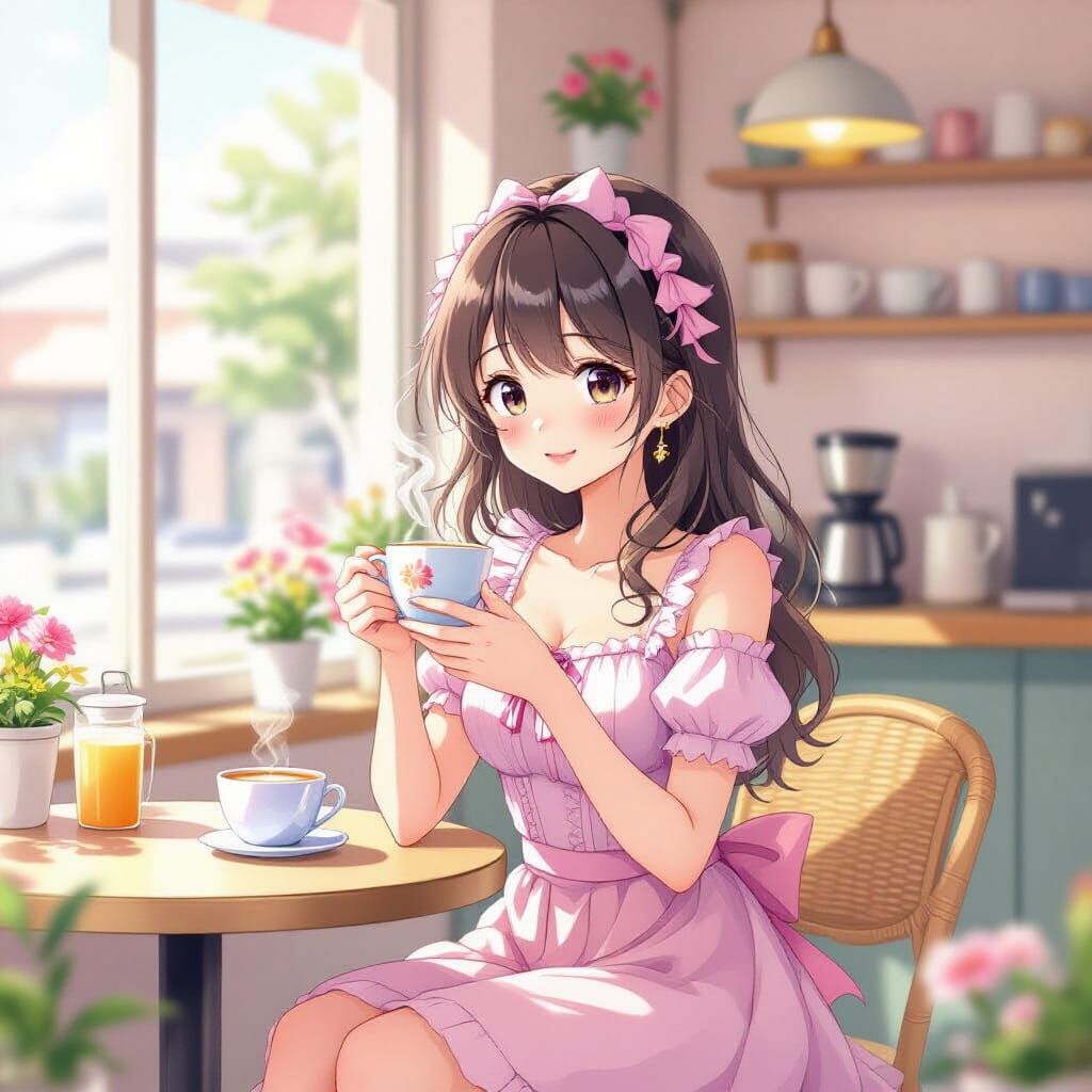 Anime Girl in Pastel Cafe Inspired by Kyoto Animation