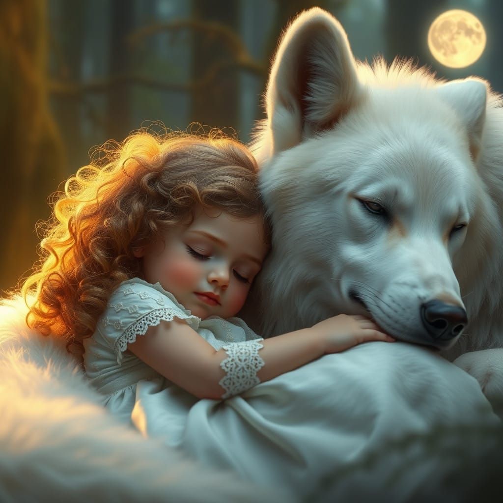 Whimsical Girl Surrounded by a Majestic Albino Wolf in a Dre...