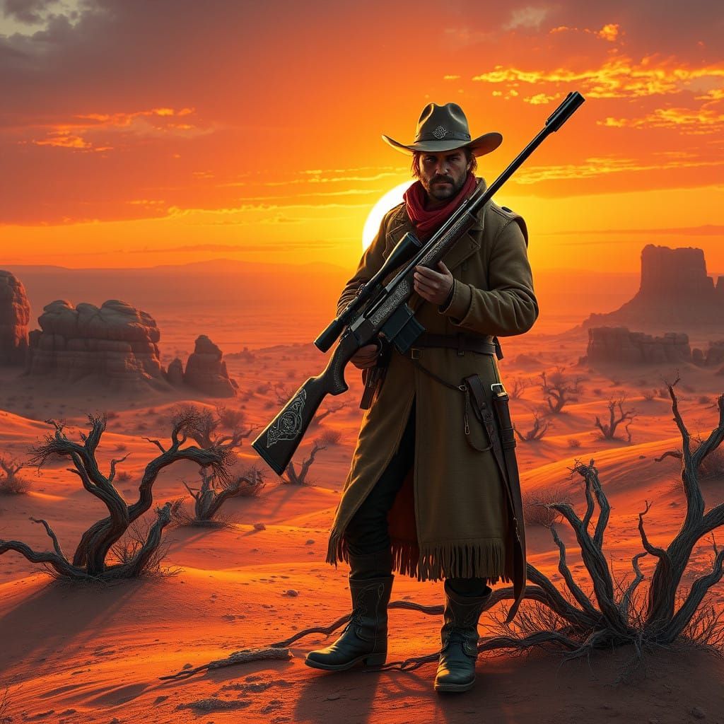 Rugged Cowboy Holds Sniper Rifle in Desert Sunset Landscape