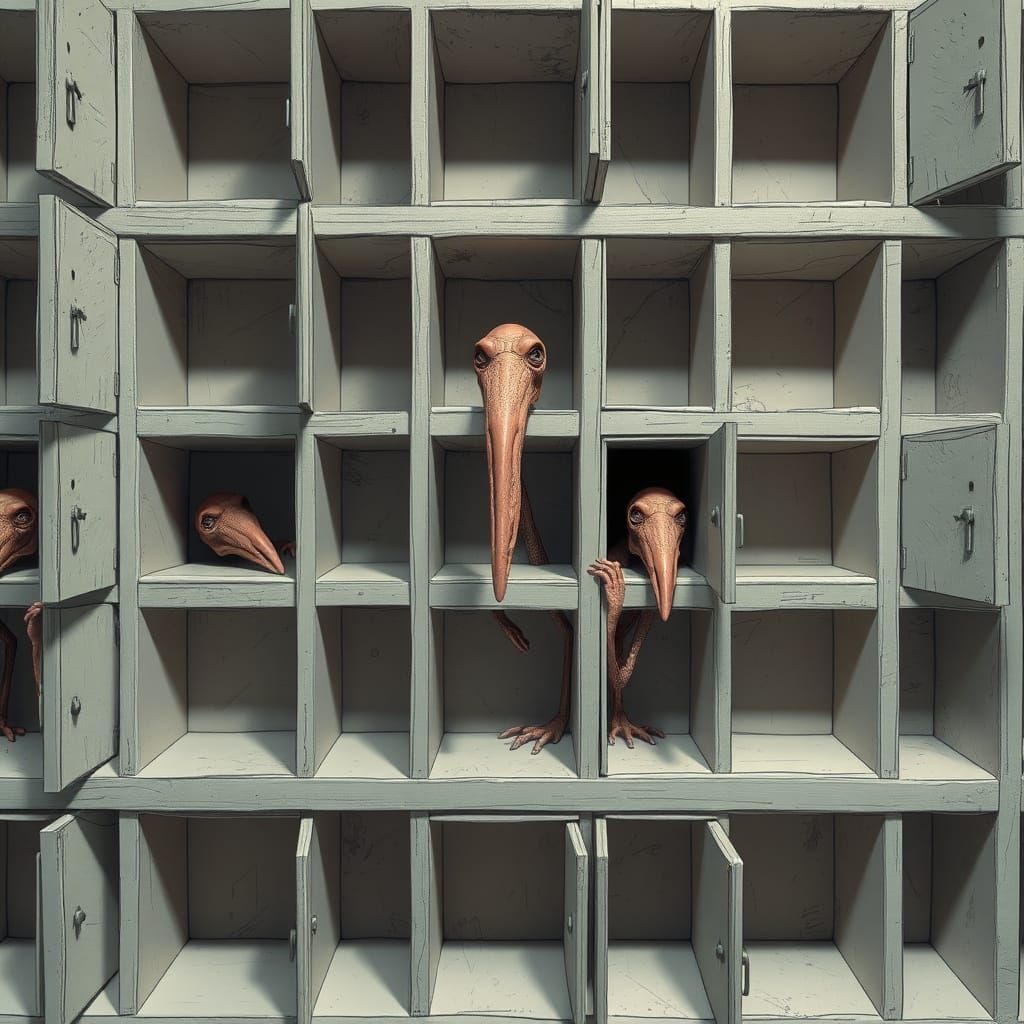 elongated people with long necks and snout-like faces