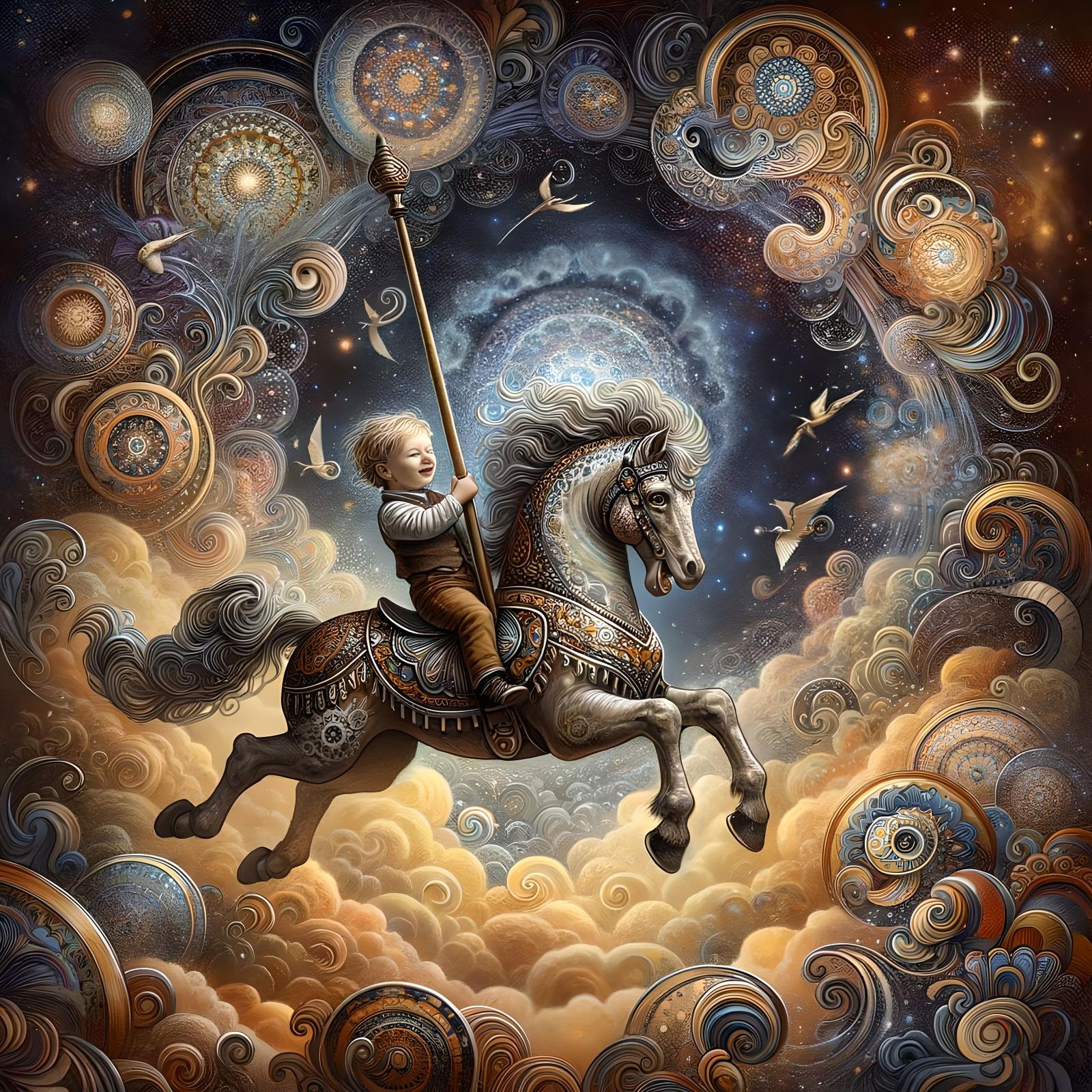 Toddler's Cosmic Flight on Carousel Horse