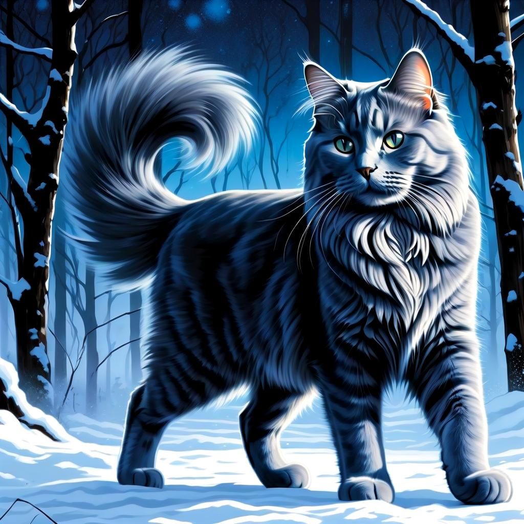 Magnificent Russian blue Siberian fluffy tabby cat with huge fluffy tail.