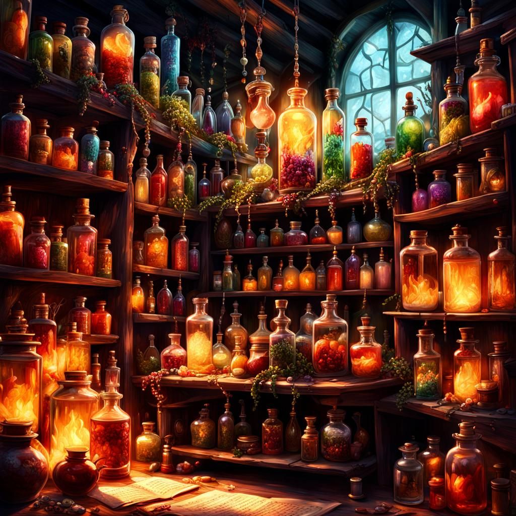 Enchanting Dark Fantasy Apothecary with Mystical Artifacts