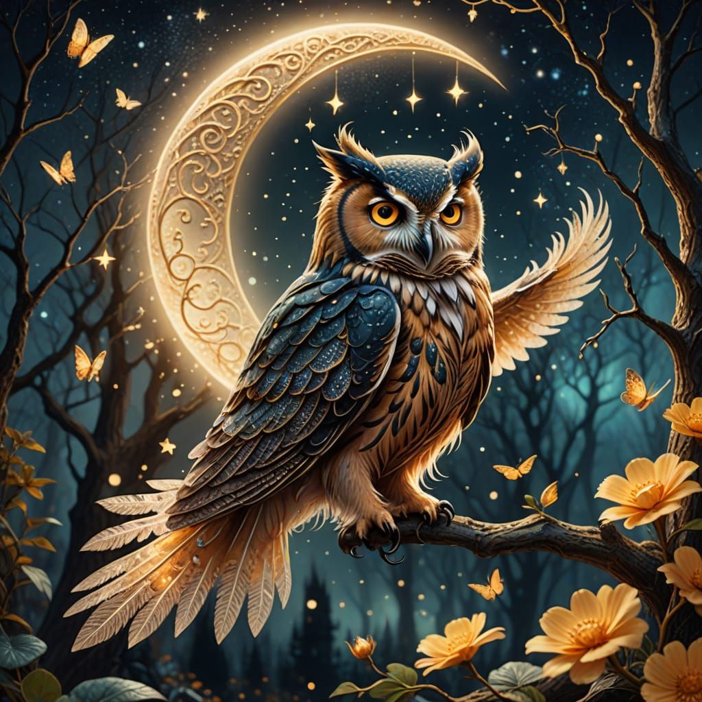 Fantasy Owl Dances on a Delicate Lace Moon