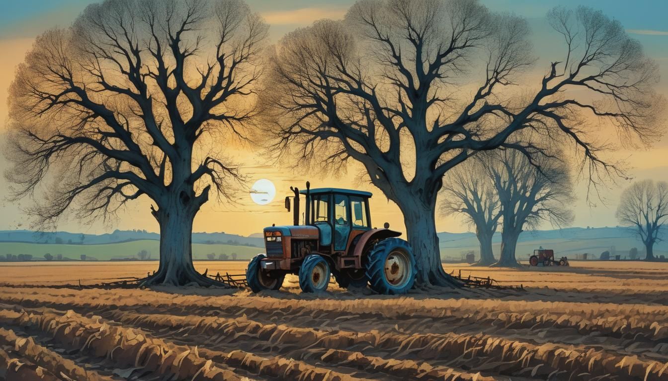 Romantic Landscape with Tractor in Arthur Rackham Style