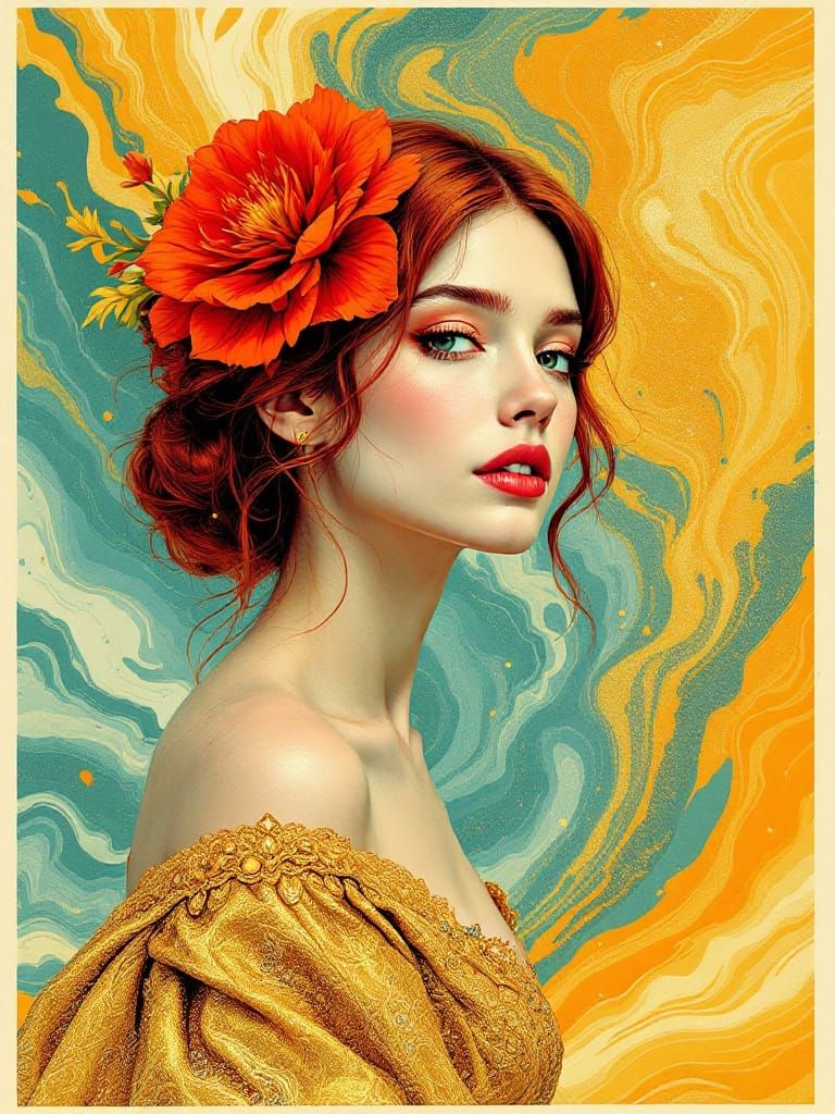 Vibrant Risograph Print of a Young Woman with Auburn Hair an...