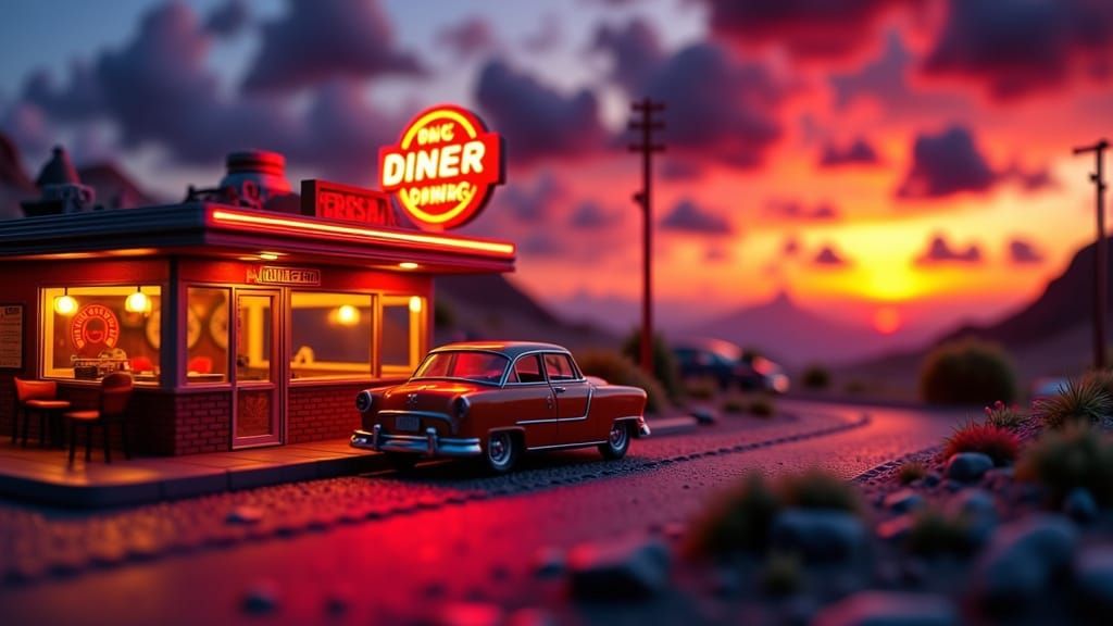 1950s Diner Diorama with Hot Rod at Sunset