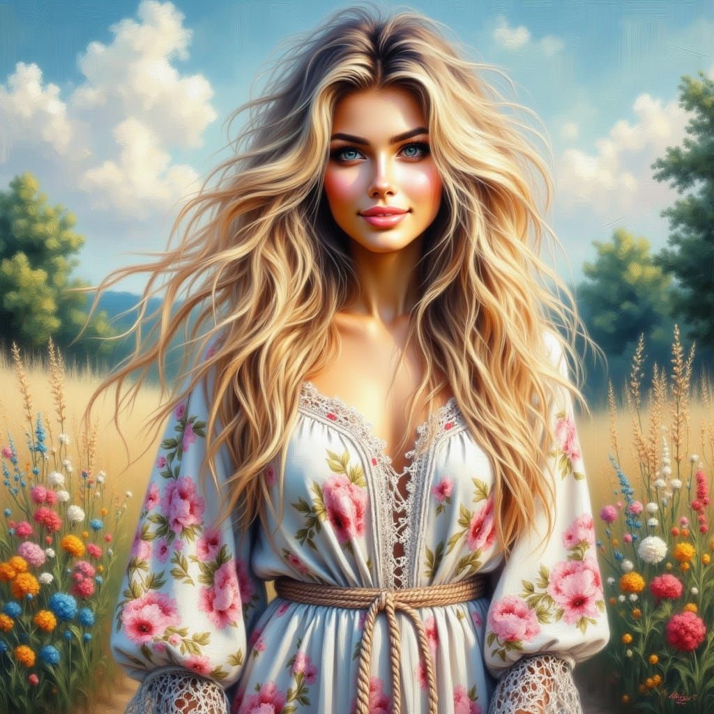 Elegant European Woman in a Bright Spring Dress