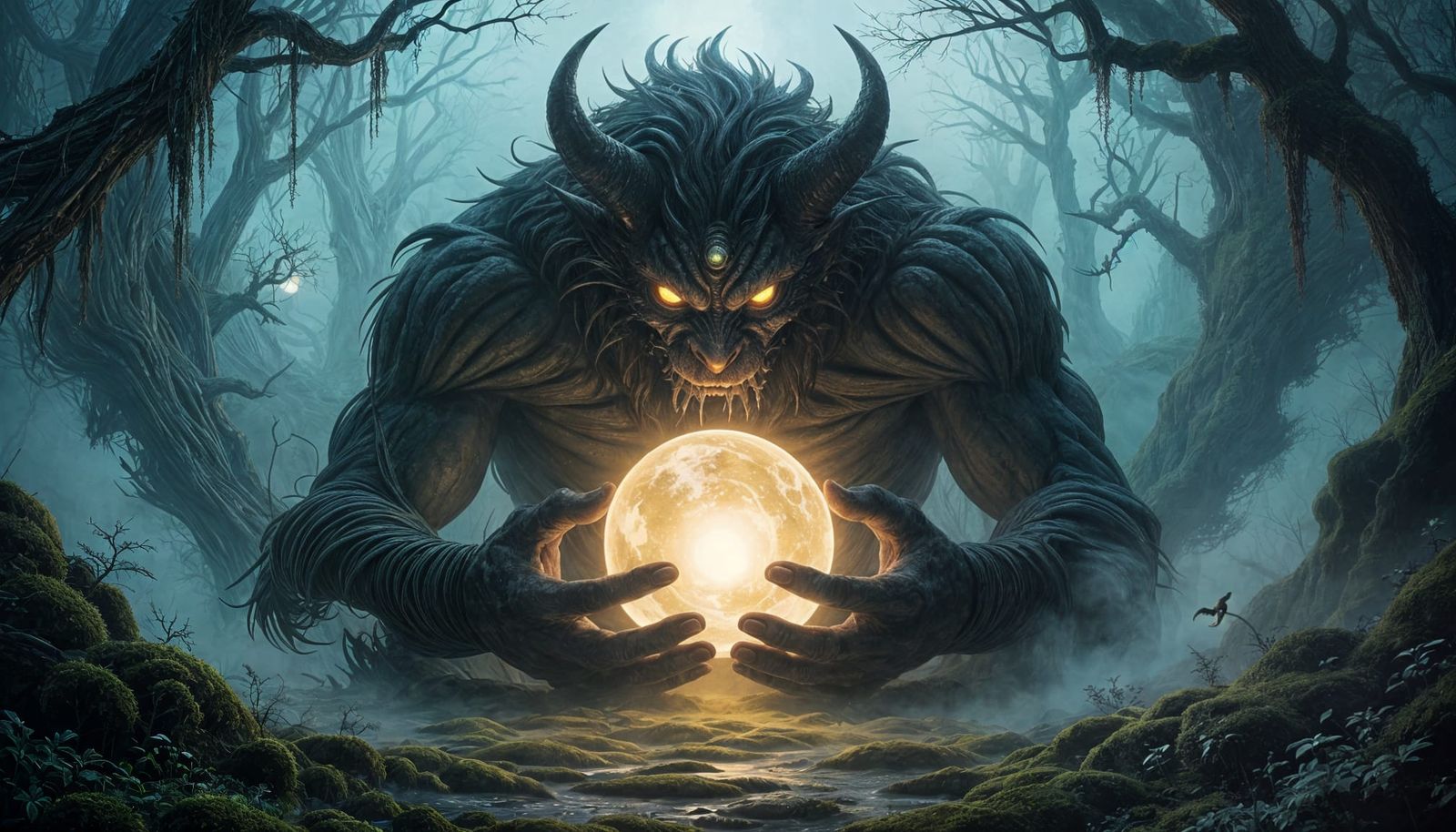 Colossal Shadow Beast with Glowing Orb in Dark Fantasy Style