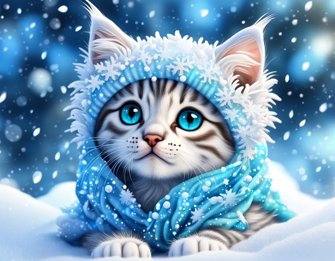 Cute Kitten in Magical Winter Forest: 3D Digital Art