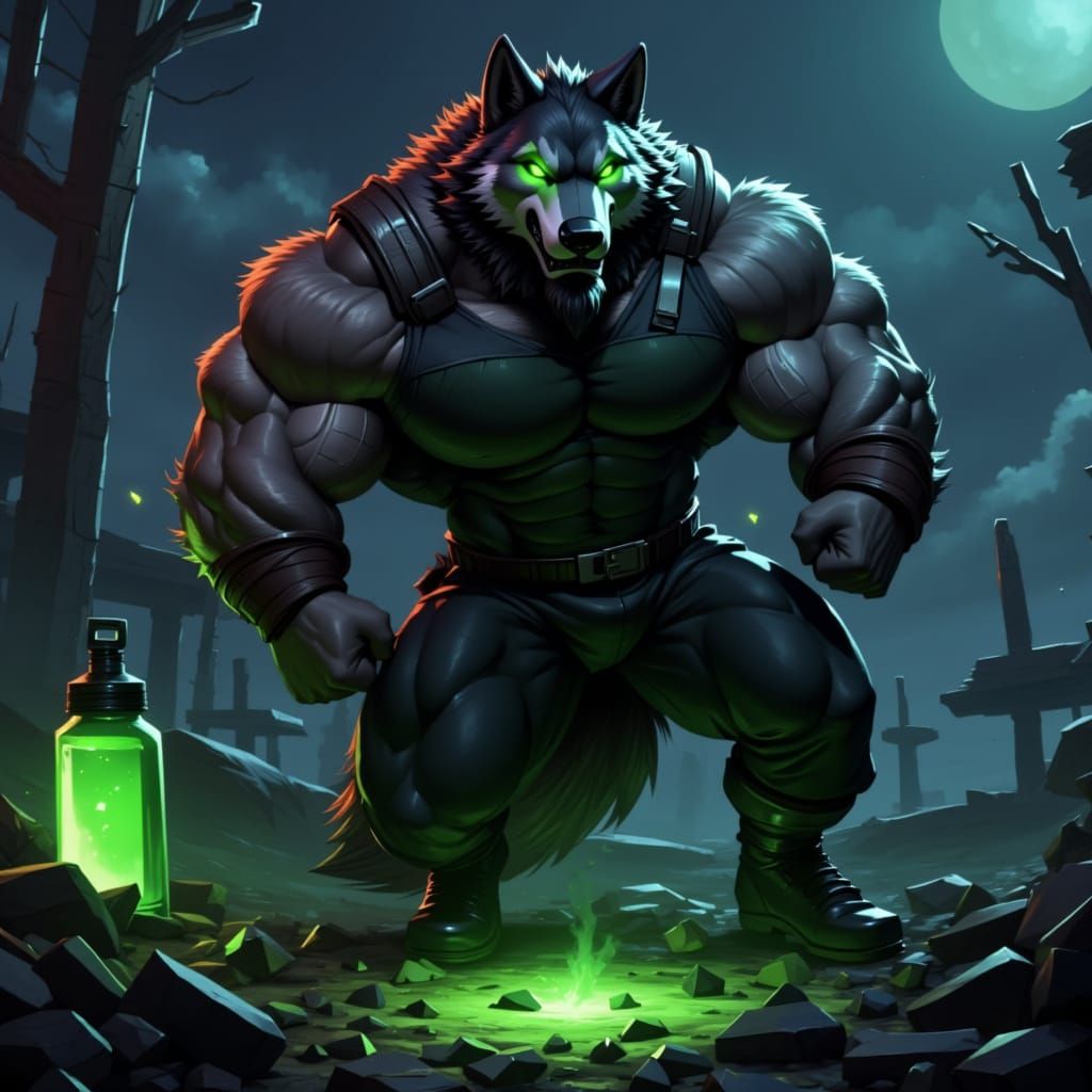 Cyberpunk Wolf Soldier Digs Grave at Night