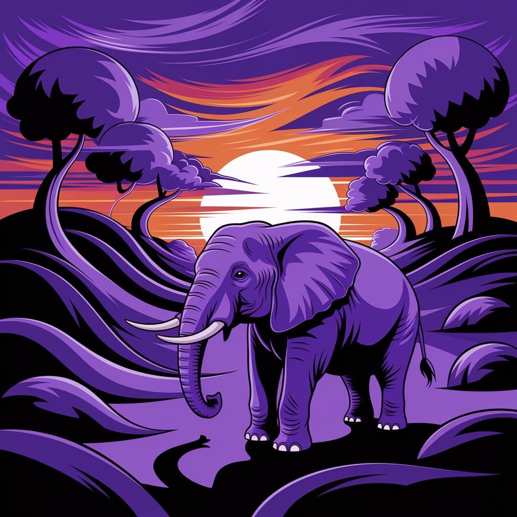 Surreal Sunset Scene with a Bold Purple Elephant