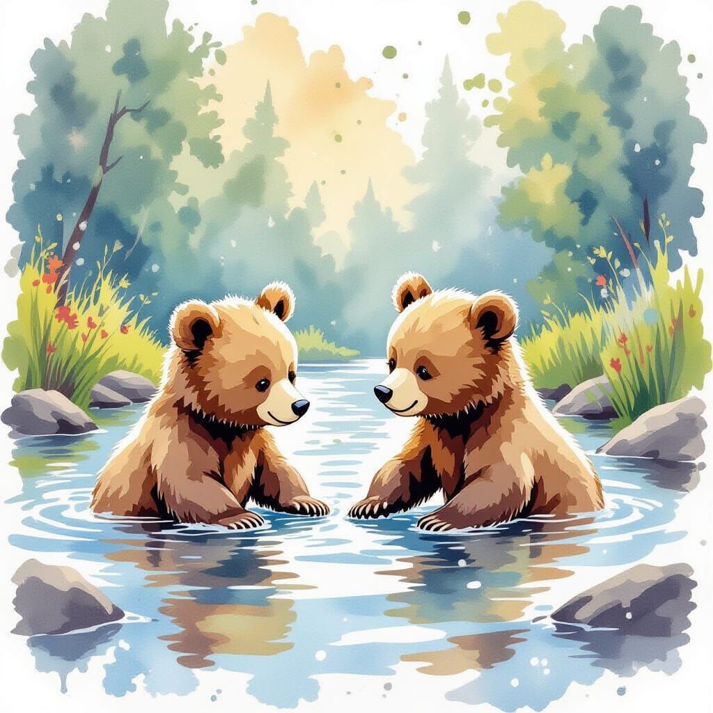 Baby Bears Playing in River, Watercolor Ink Splatter