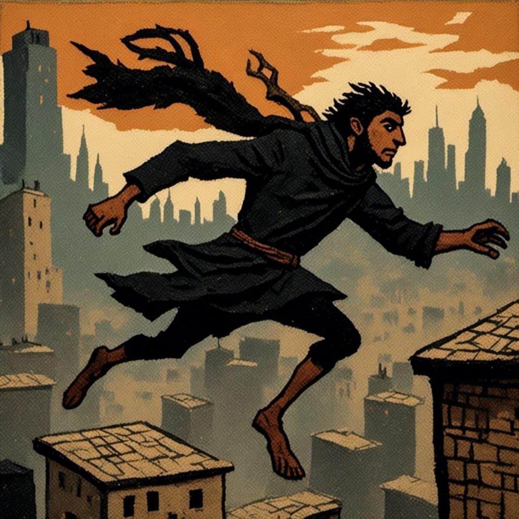 Spy Silhouette Leaping Across City Rooftops