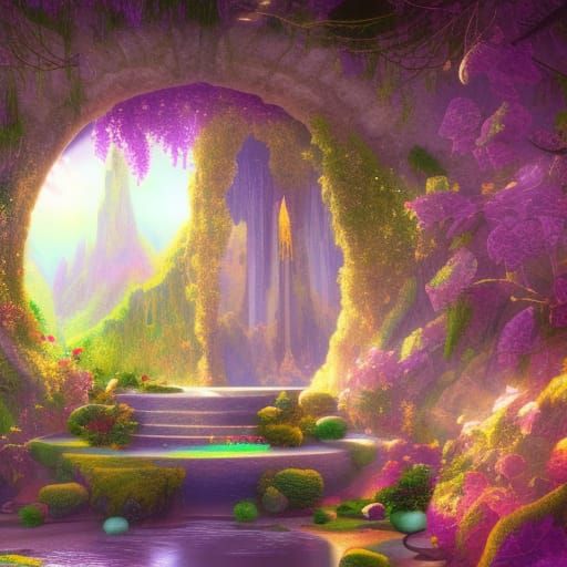 Lush Healing Garden with Miraculous Water Fountains