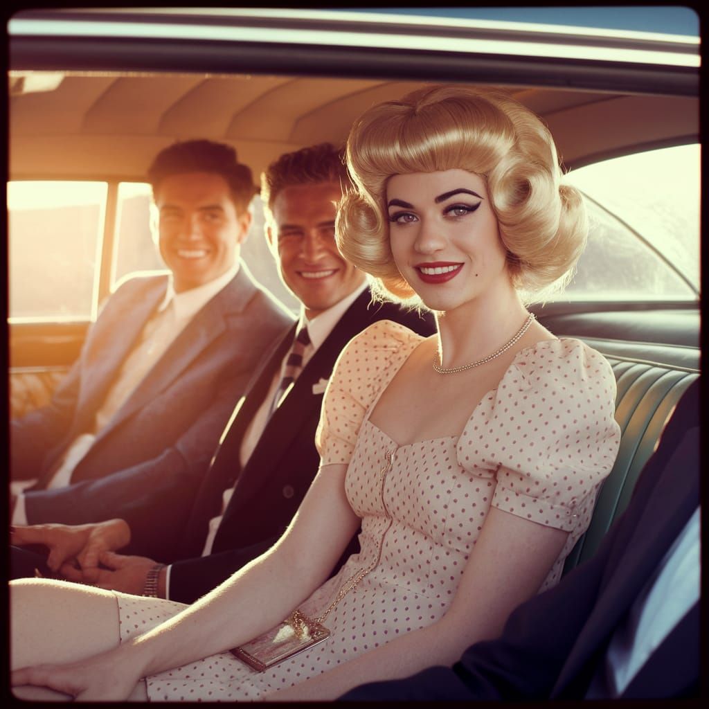 Young Man in Vintage Car, 1970s Fashion Editorial Style