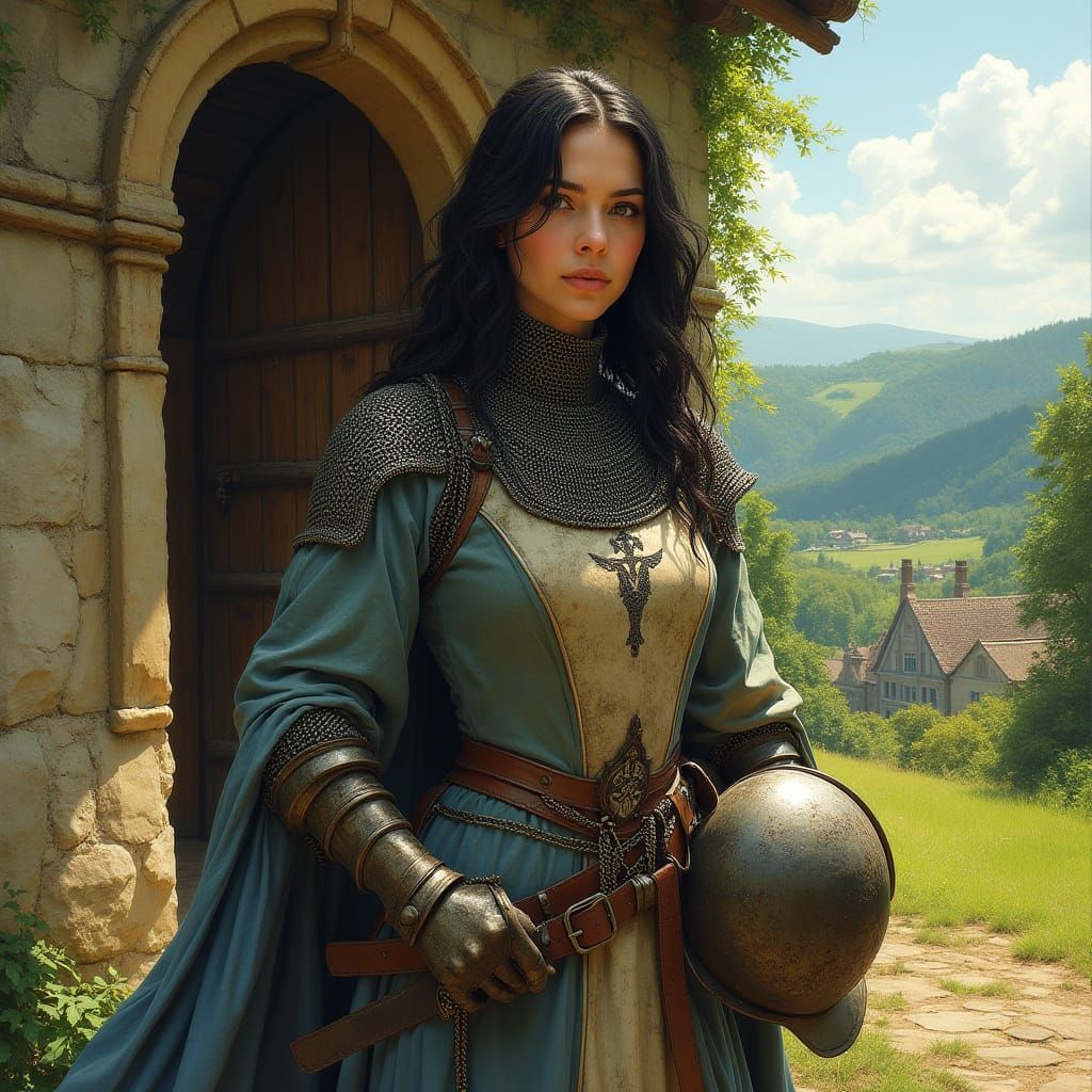 Woman in Chainmail Armor Outside Rustic Church