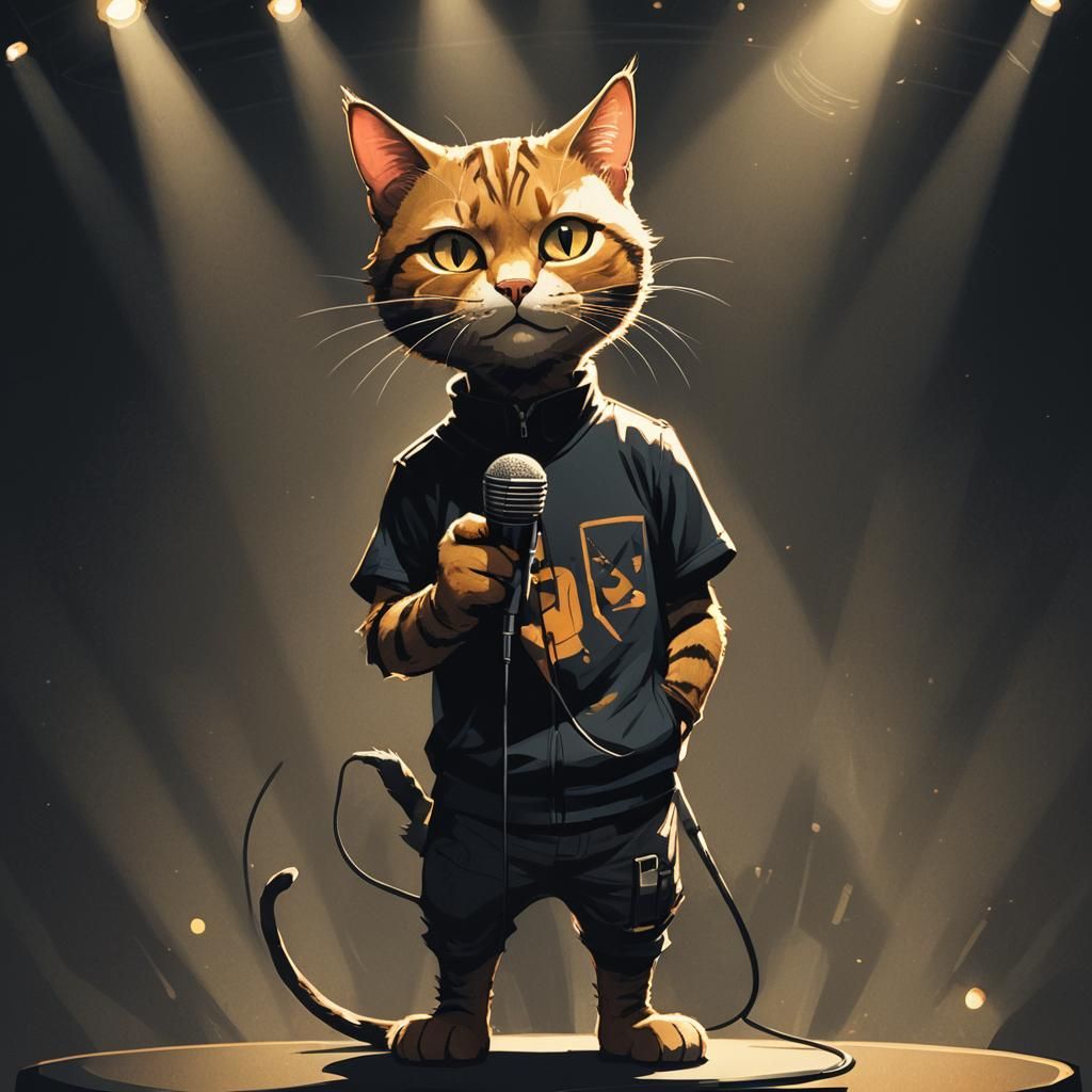 Cat Comedian on Stage in Vibrant Digital Art