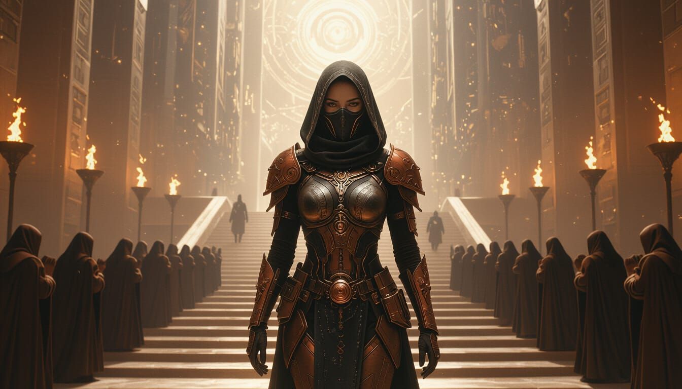 Futuristic Retro Armor Woman Descends Torchlit Chamber