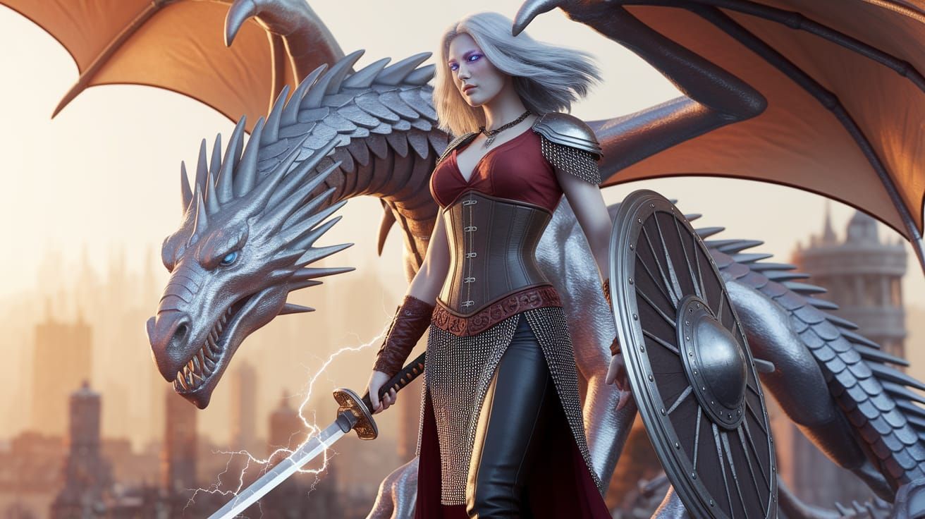 Ethereal Paladin Beside Platinum Dragon in Golden Light