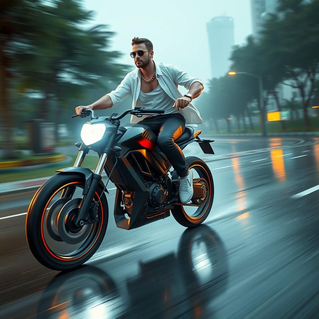Man on Futuristic Bike in Rain, as 3D Render