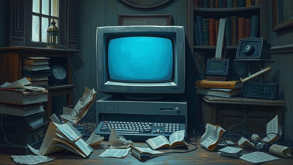 Sorrowful Computer in Nostalgic Study: Impressionist Gouache...