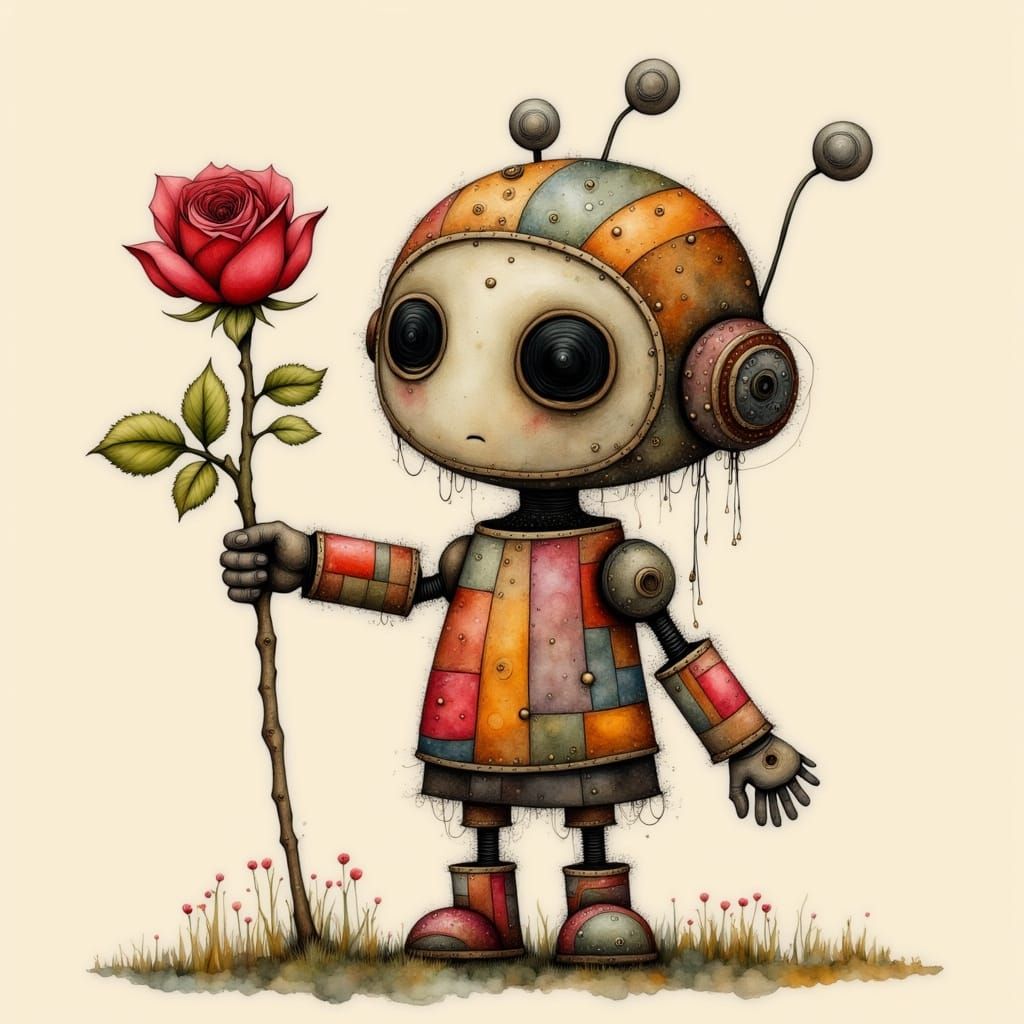 Patchwork Robot with Rose in Liquid Ink Style
