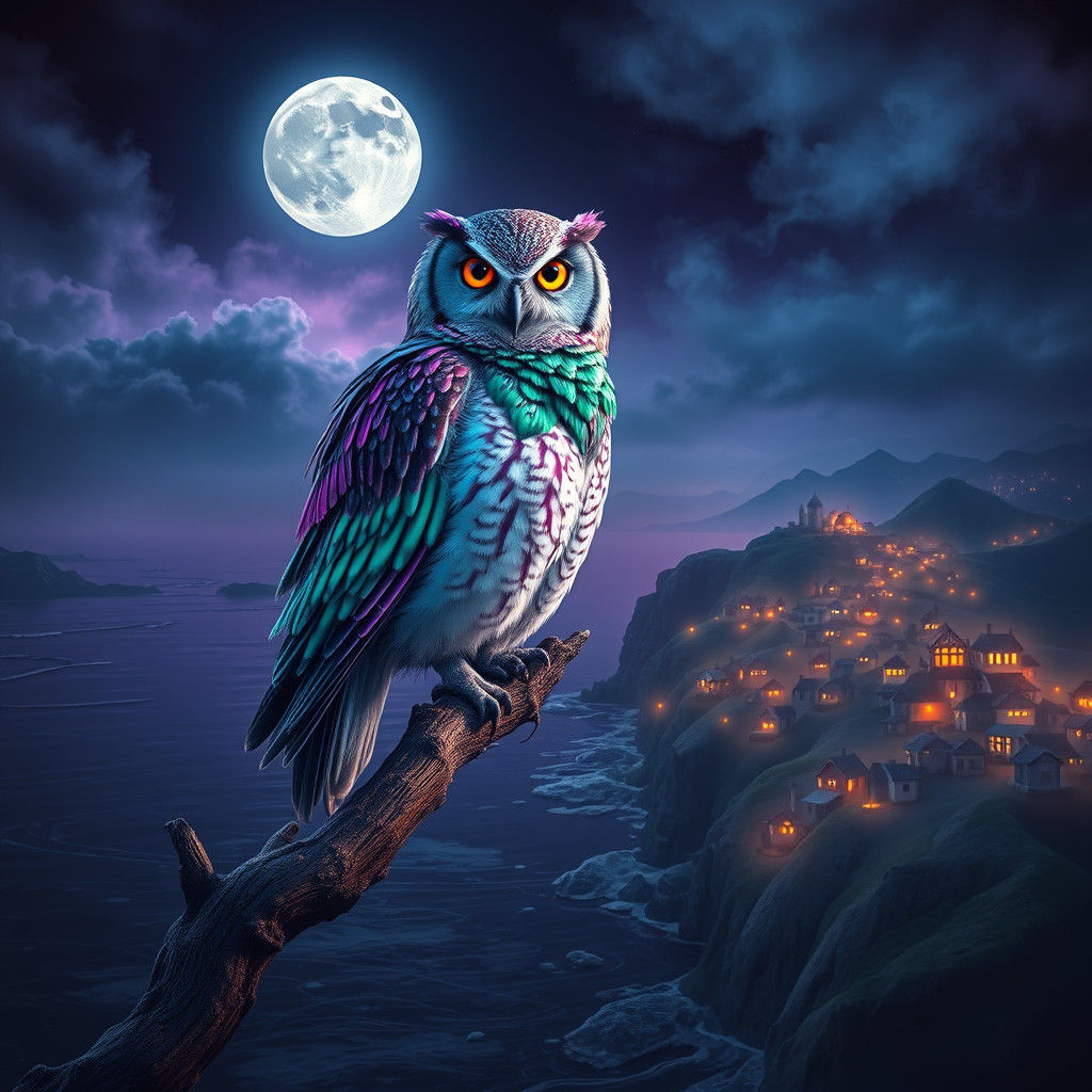Iridescent Owl in Moonlit Fantasy Landscape