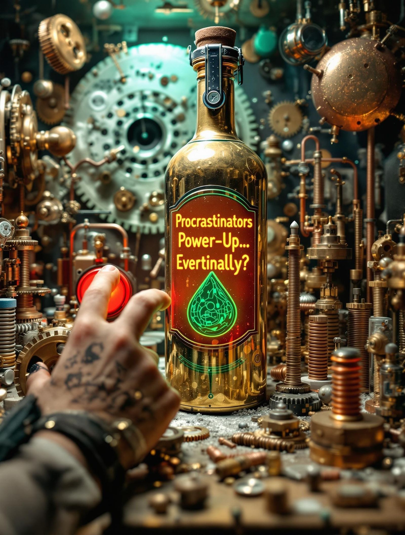 Goggles-clad Inventor Hovers Over Launch Button in Brass Dio...