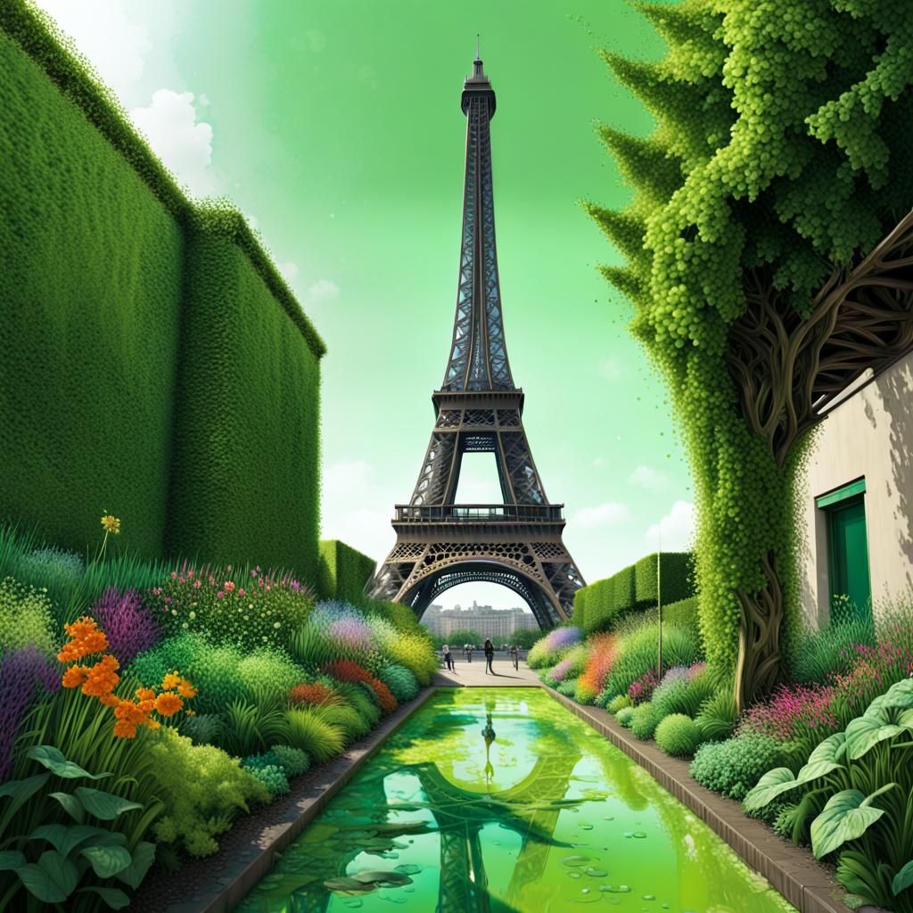 Eiffel Tower View from Hyperrealistic Urban Garden