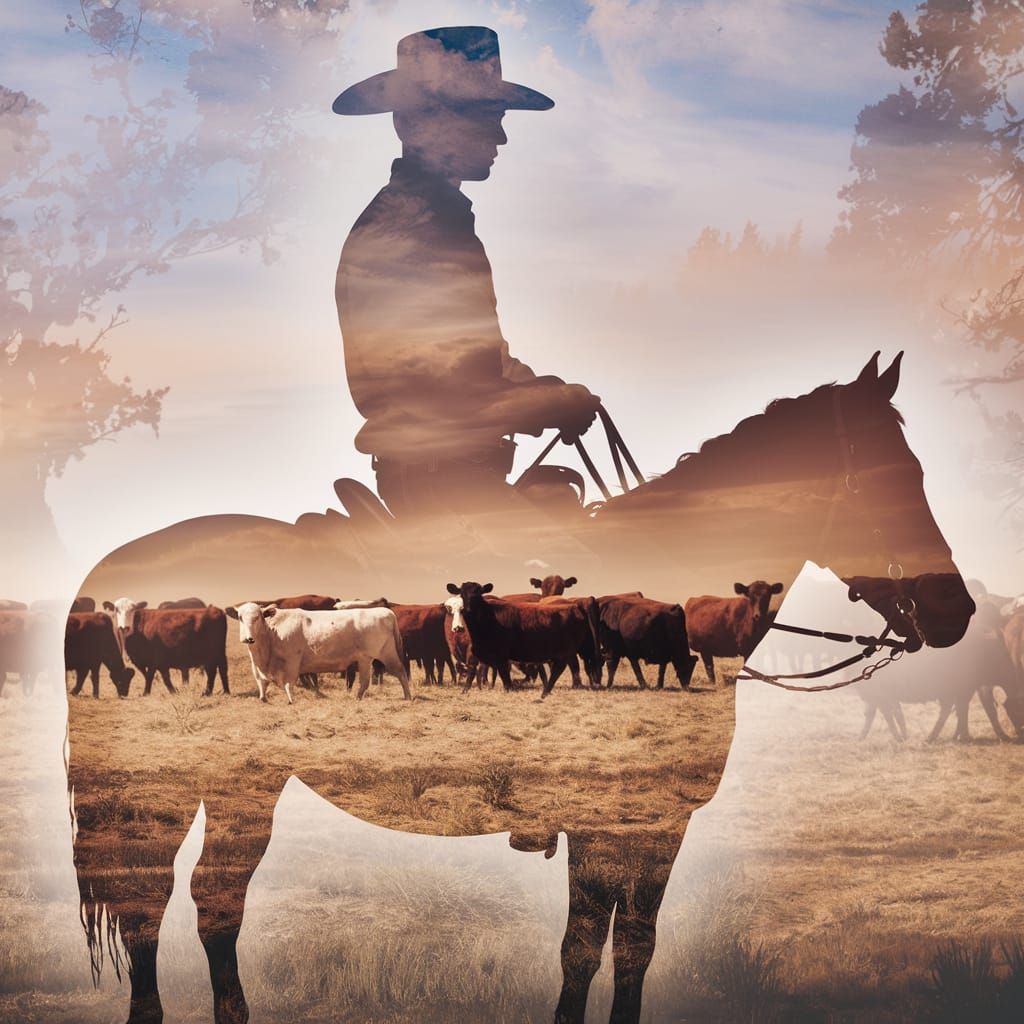 Cowboy Silhouette on the Prairie with Grazing Herd