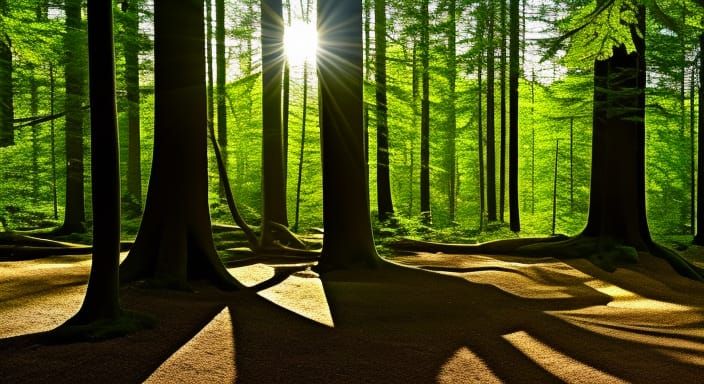 Enchanted Wood with Sunlight and Shadows