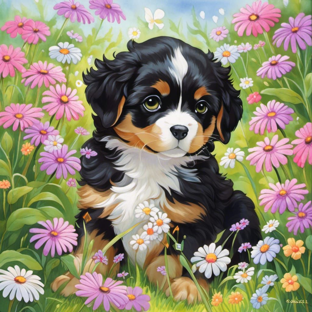Sweet Puppy Surrounded by Flowers