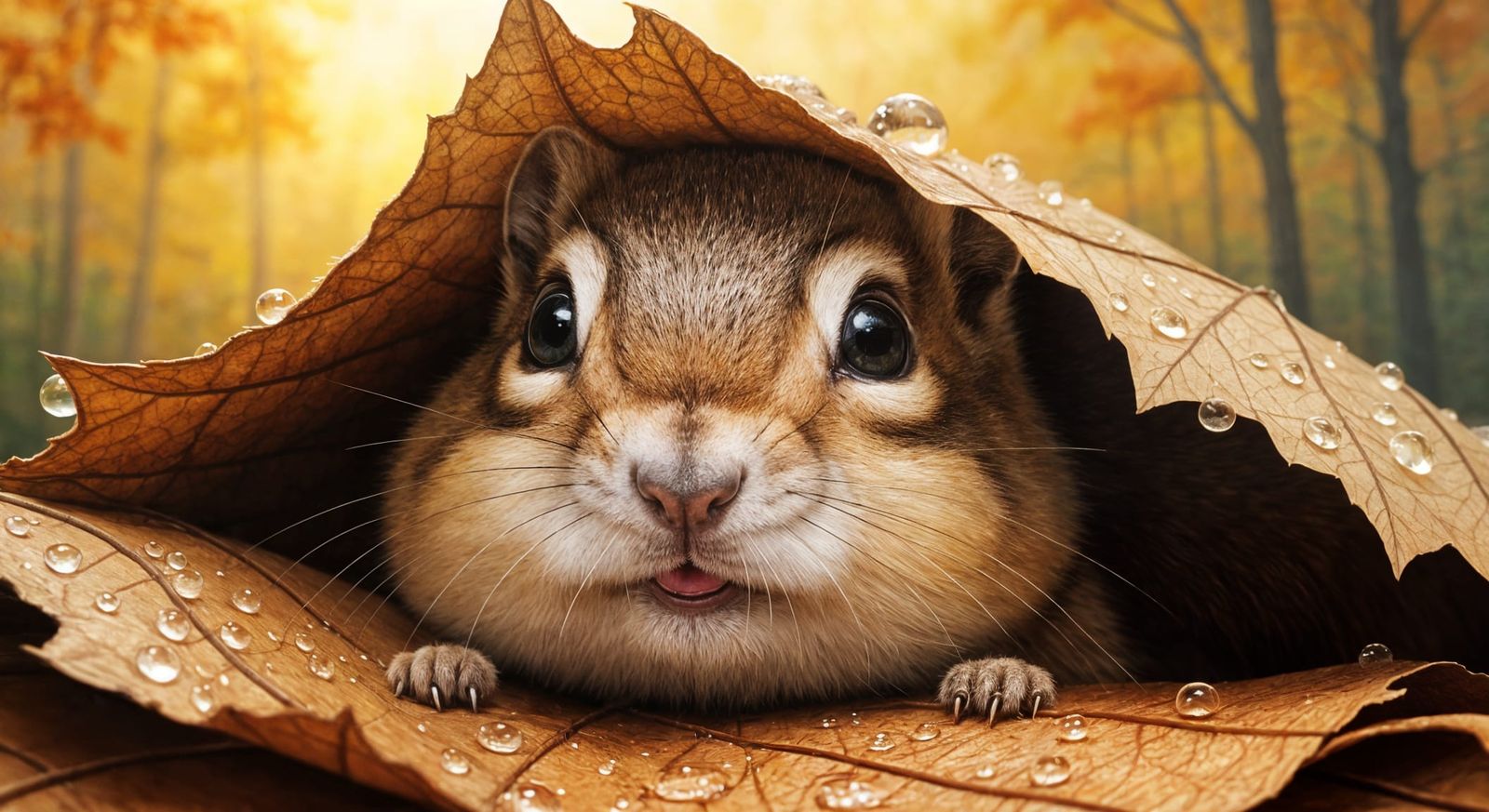 Chubby Chipmunk Peeking From Autumn Leaves