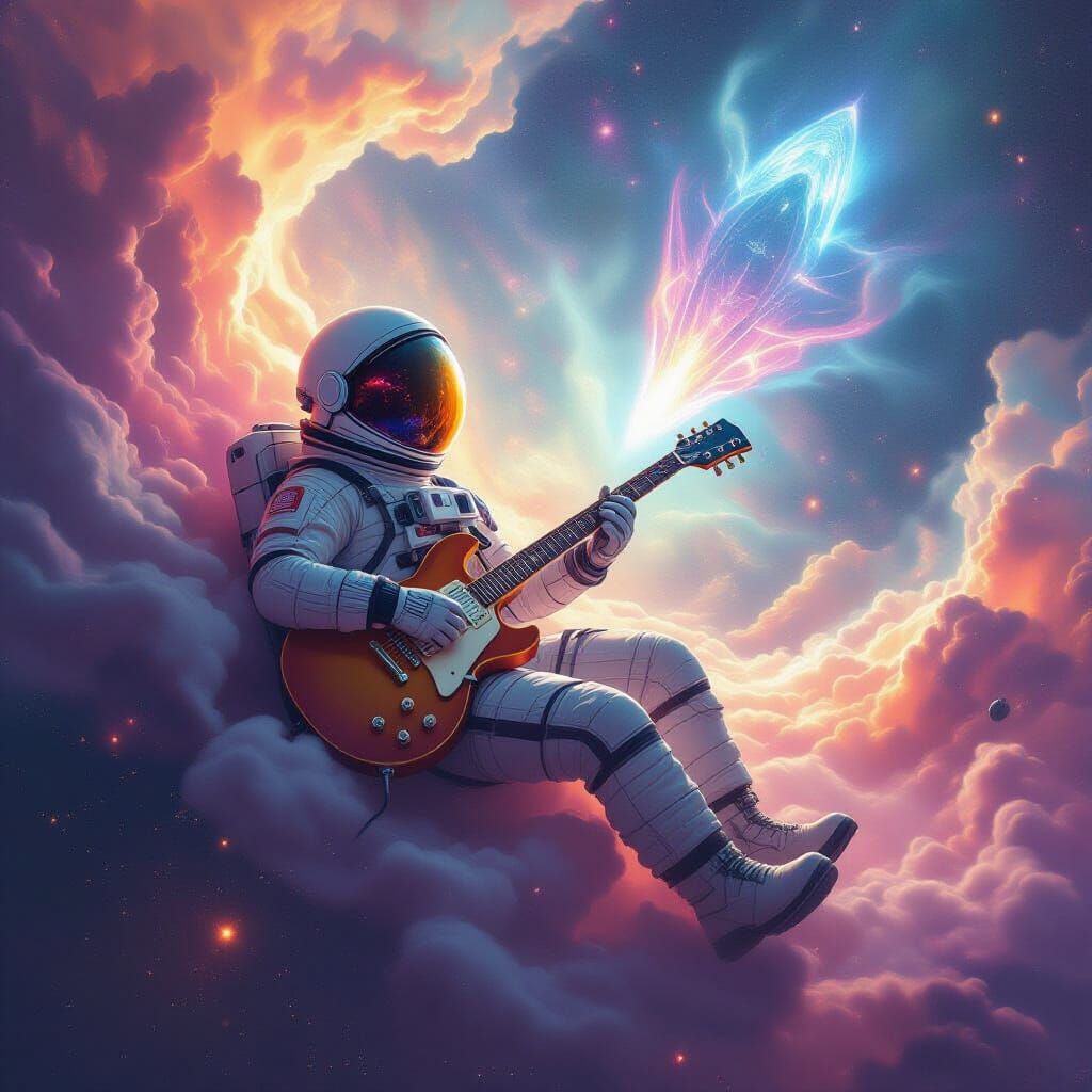 Astronaut Drifts in Nebula Clutching Guitar, Digital Paintin...