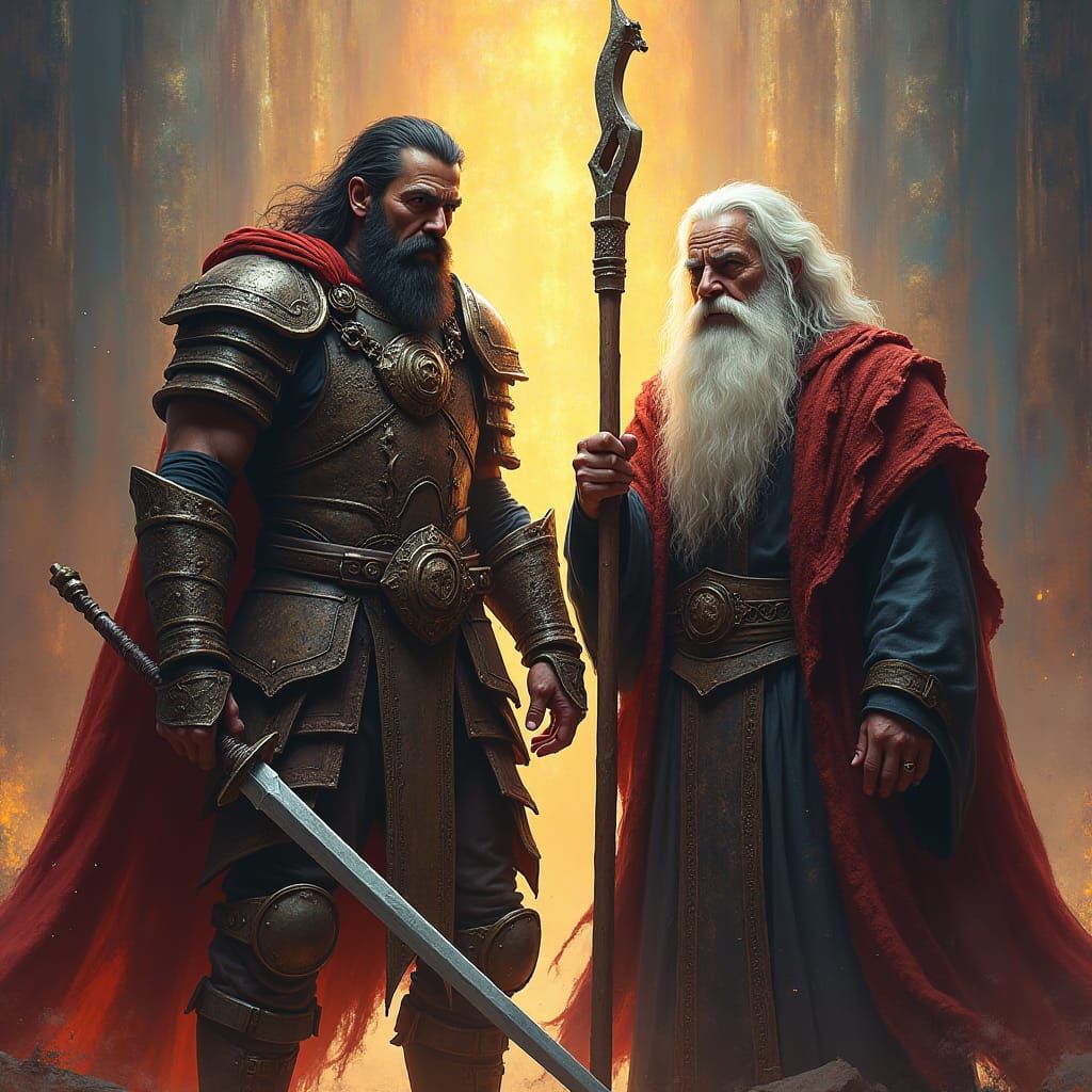 Epic Battle: Warrior and Wizard in Hyperrealism