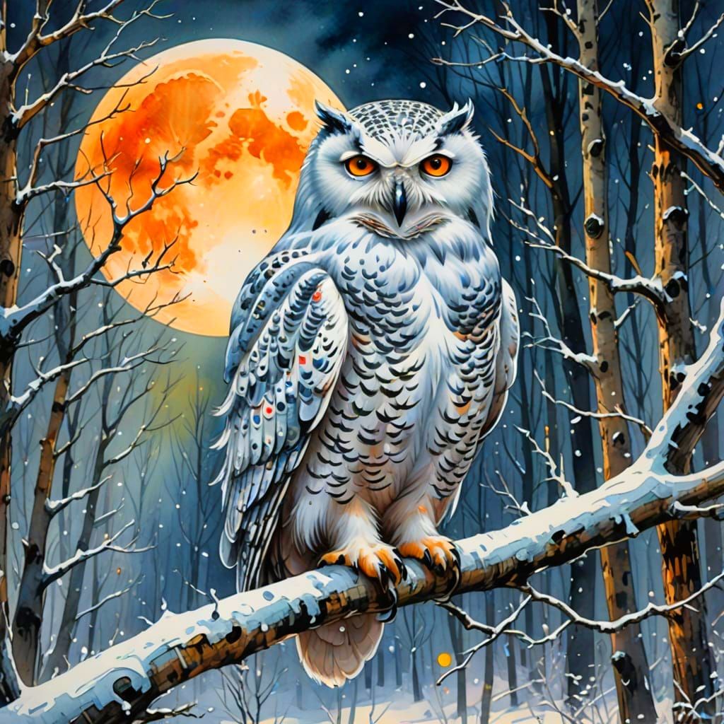 Ethereal Watercolour Snowy Owl in Frosty Winter Woodland und...