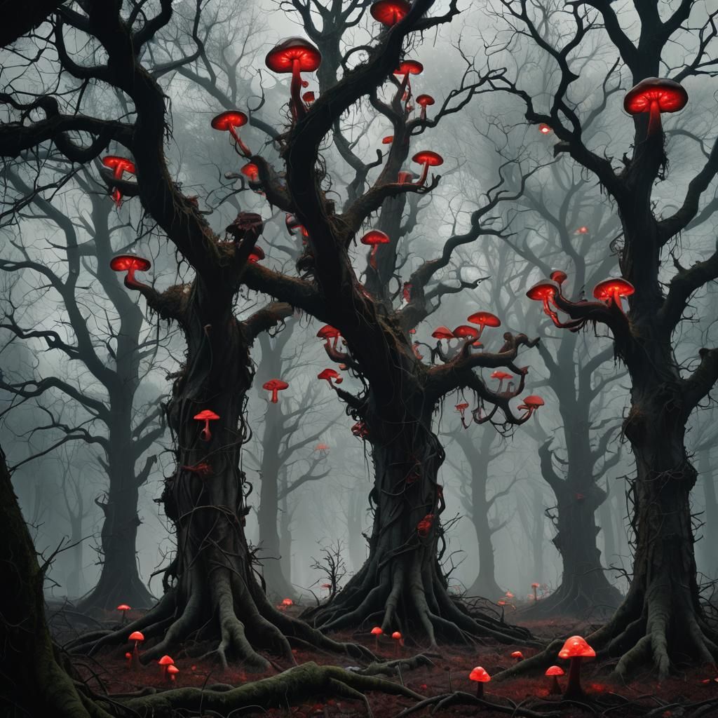 Dystopian Forest with Glowing Mushrooms, Surreal Art