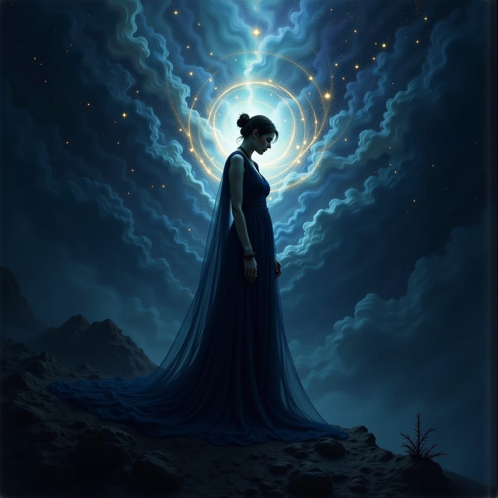 Abstract Cosmic Figure in Deep Blue and Black